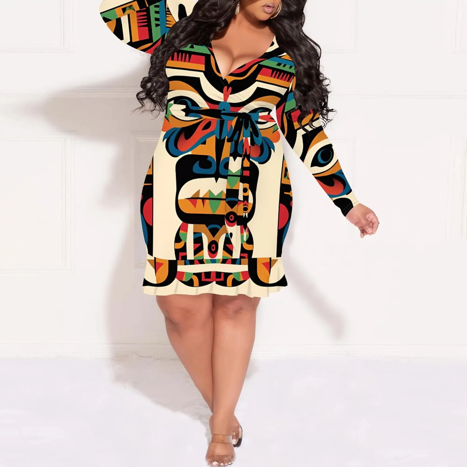 Women Midi Dress Long Sleeves Floral Printed Cocktail Party Club T Shirt Sundress Curvy Wrap Sexy Dresses High Waiste