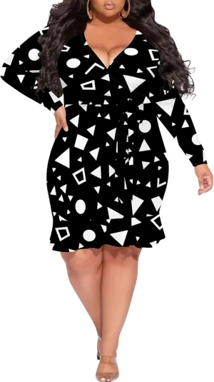 Women Midi Dress Long Sleeves Floral Printed Cocktail Party Club T Shirt Sundress Curvy Wrap Sexy Dresses High Waiste