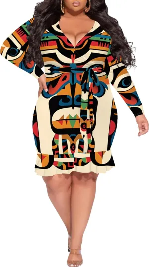 Women Midi Dress Long Sleeves Floral Printed Cocktail Party Club T Shirt Sundress Curvy Wrap Sexy Dresses High Waiste