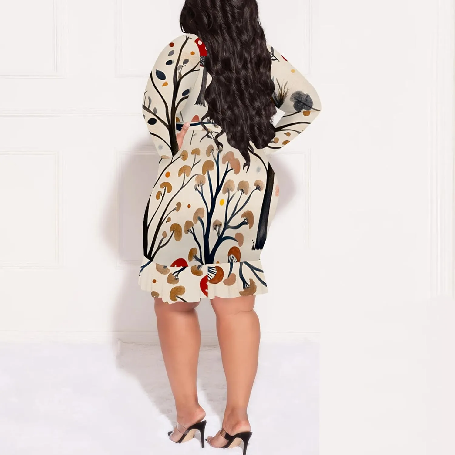 Women Midi Dress Long Sleeves Floral Printed Cocktail Party Club T Shirt Sundress Curvy Wrap Sexy Dresses High Waiste