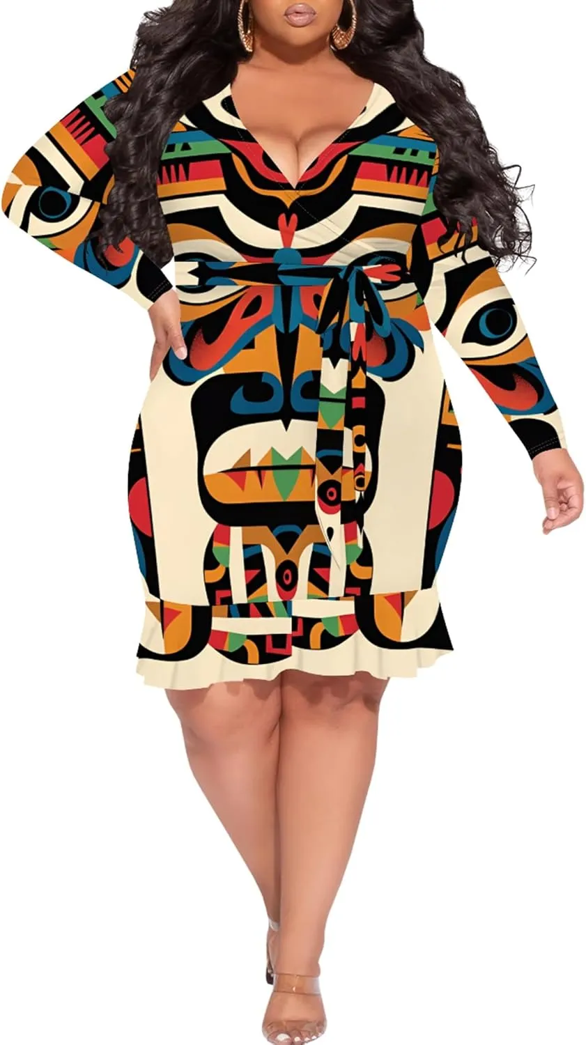 Women Midi Dress Long Sleeves Floral Printed Cocktail Party Club T Shirt Sundress Curvy Wrap Sexy Dresses High Waiste