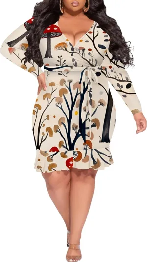 Women Midi Dress Long Sleeves Floral Printed Cocktail Party Club T Shirt Sundress Curvy Wrap Sexy Dresses High Waiste