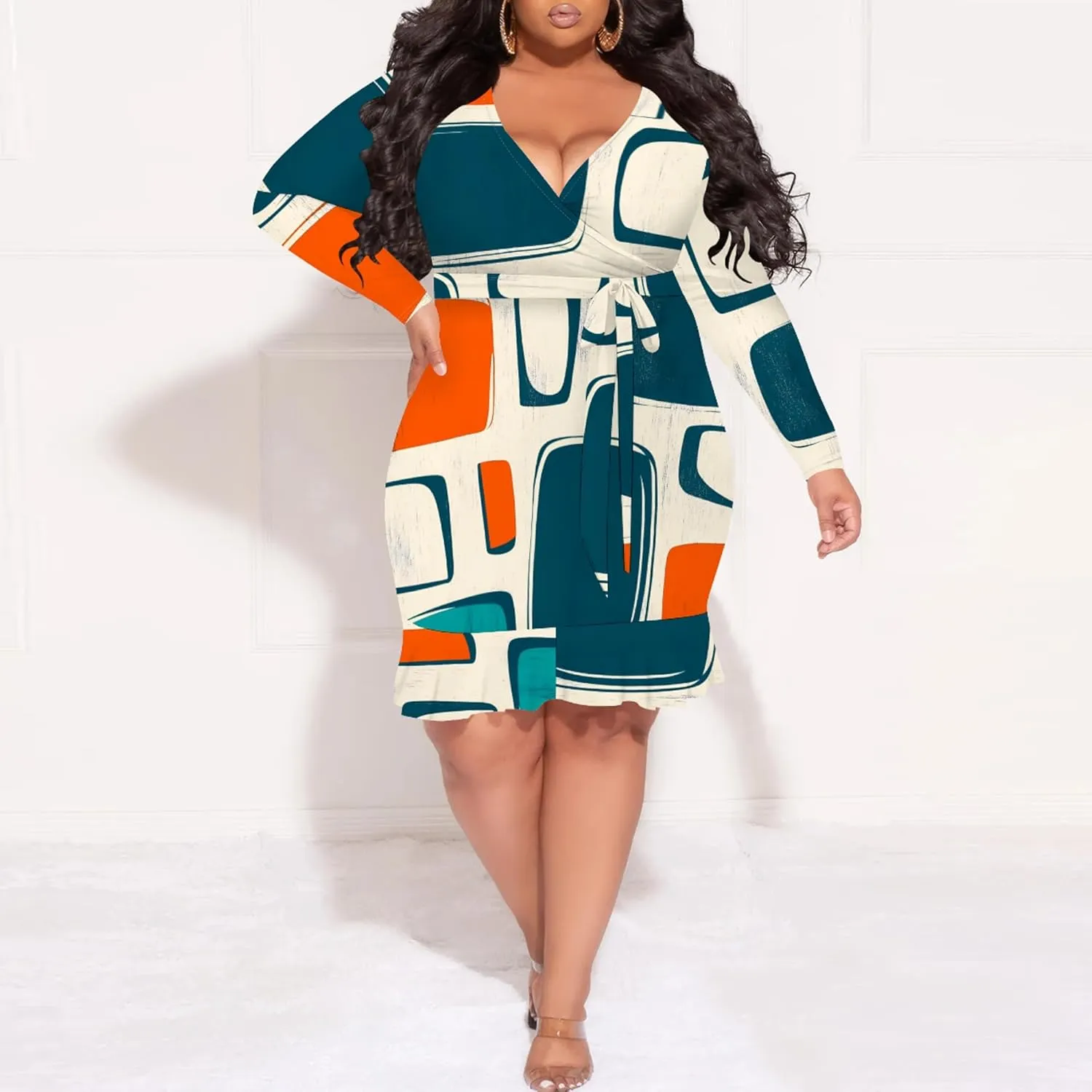 Women Midi Dress Long Sleeves Floral Printed Cocktail Party Club T Shirt Sundress Curvy Wrap Sexy Dresses High Waiste