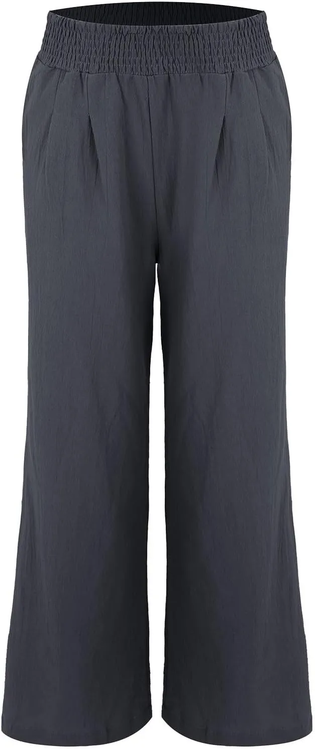 Women Palazzo Pants Linen Baggy Trousers Vacation Outfits High Waist Flowy Loose Wide Leg Pant with Pocket