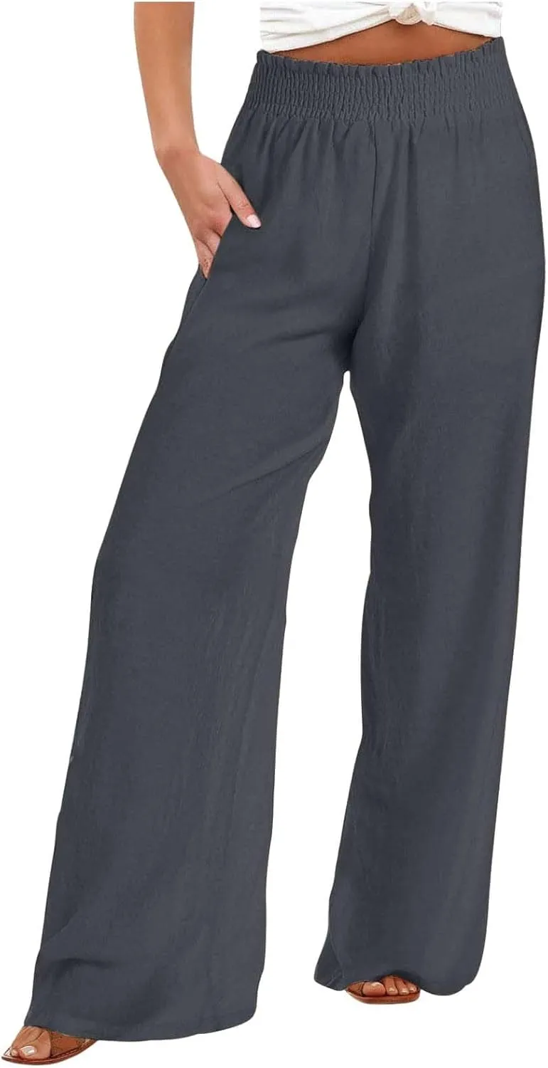 Women Palazzo Pants Linen Baggy Trousers Vacation Outfits High Waist Flowy Loose Wide Leg Pant with Pocket