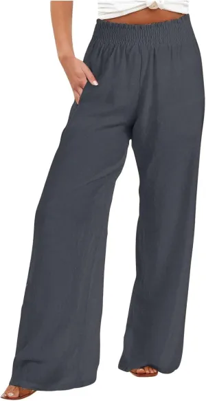 Women Palazzo Pants Linen Baggy Trousers Vacation Outfits High Waist Flowy Loose Wide Leg Pant with Pocket