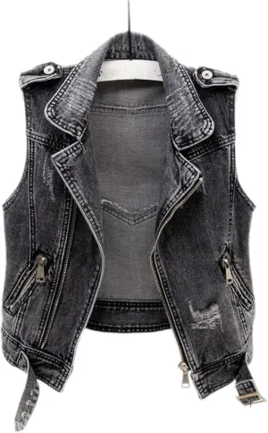 Women Sleeveless Denim Vest,Large Size s-5xl Punk Black Ripped Washed Denim Vest Jeans Zip Bandage Short Denim Waistcoat