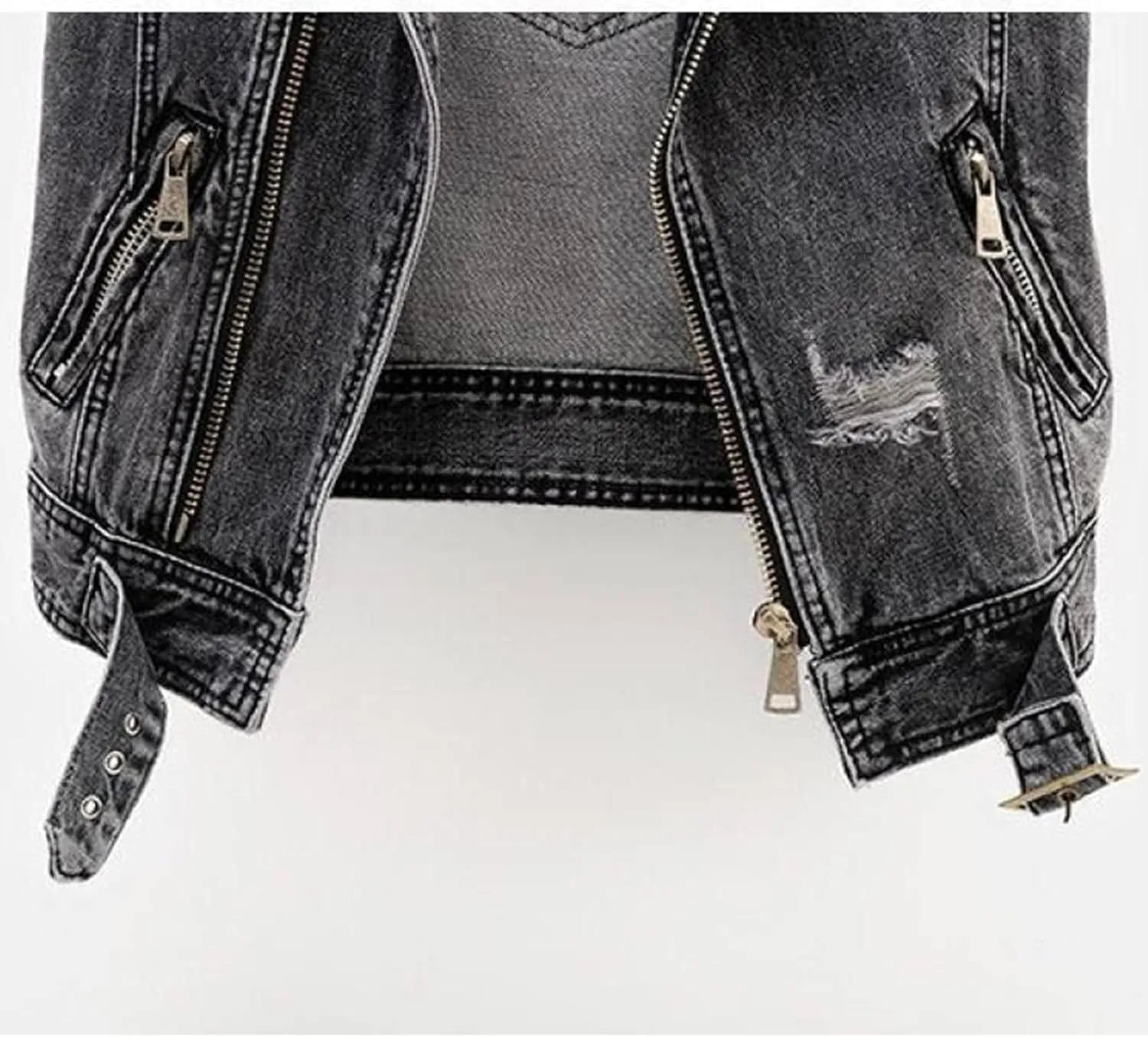 Women Sleeveless Denim Vest,Large Size s-5xl Punk Black Ripped Washed Denim Vest Jeans Zip Bandage Short Denim Waistcoat