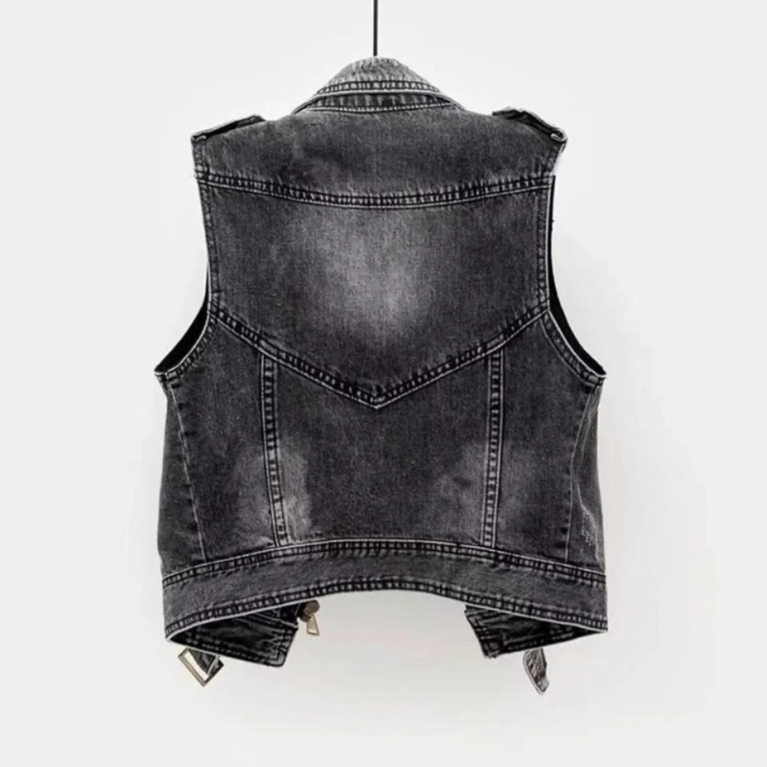 Women Sleeveless Denim Vest,Large Size s-5xl Punk Black Ripped Washed Denim Vest Jeans Zip Bandage Short Denim Waistcoat