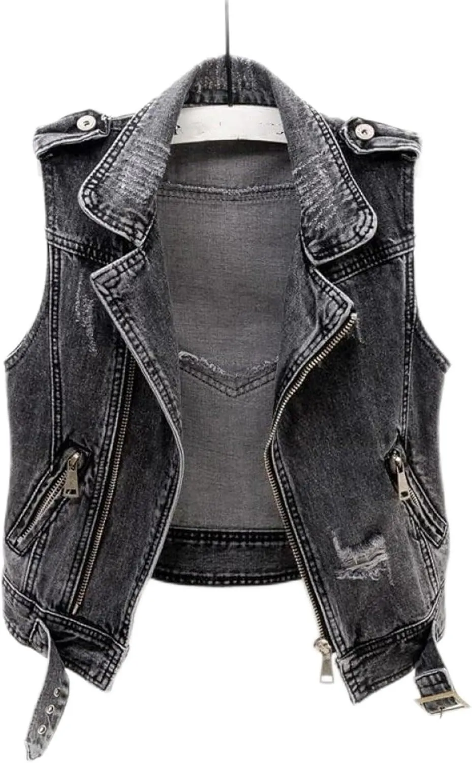 Women Sleeveless Denim Vest,Large Size s-5xl Punk Black Ripped Washed Denim Vest Jeans Zip Bandage Short Denim Waistcoat