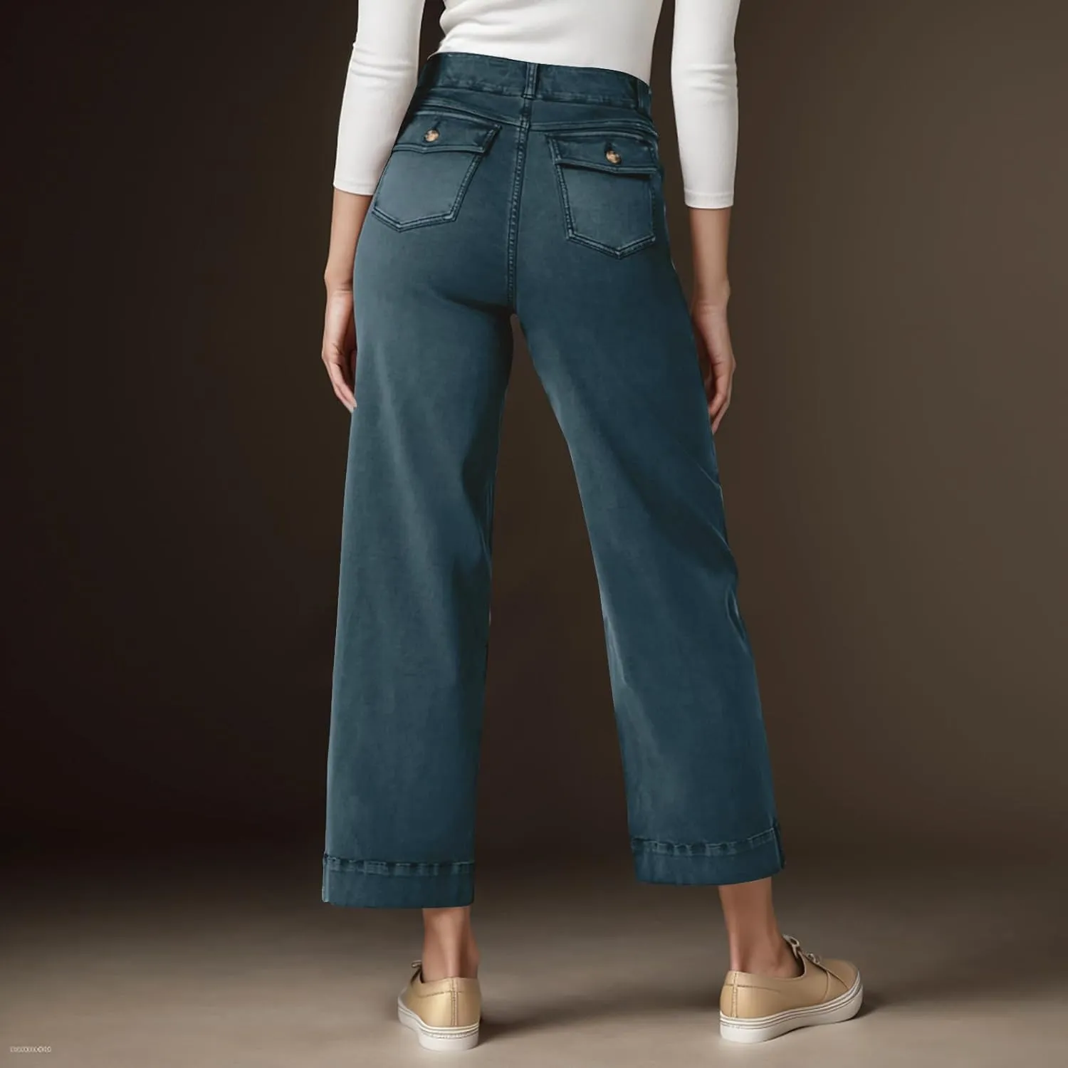 Women Stretch Twill Cropped Wide Leg Pant High Waist Casual Capri Pant Straight Leg Chino Pants Baggy Ankle Jeans