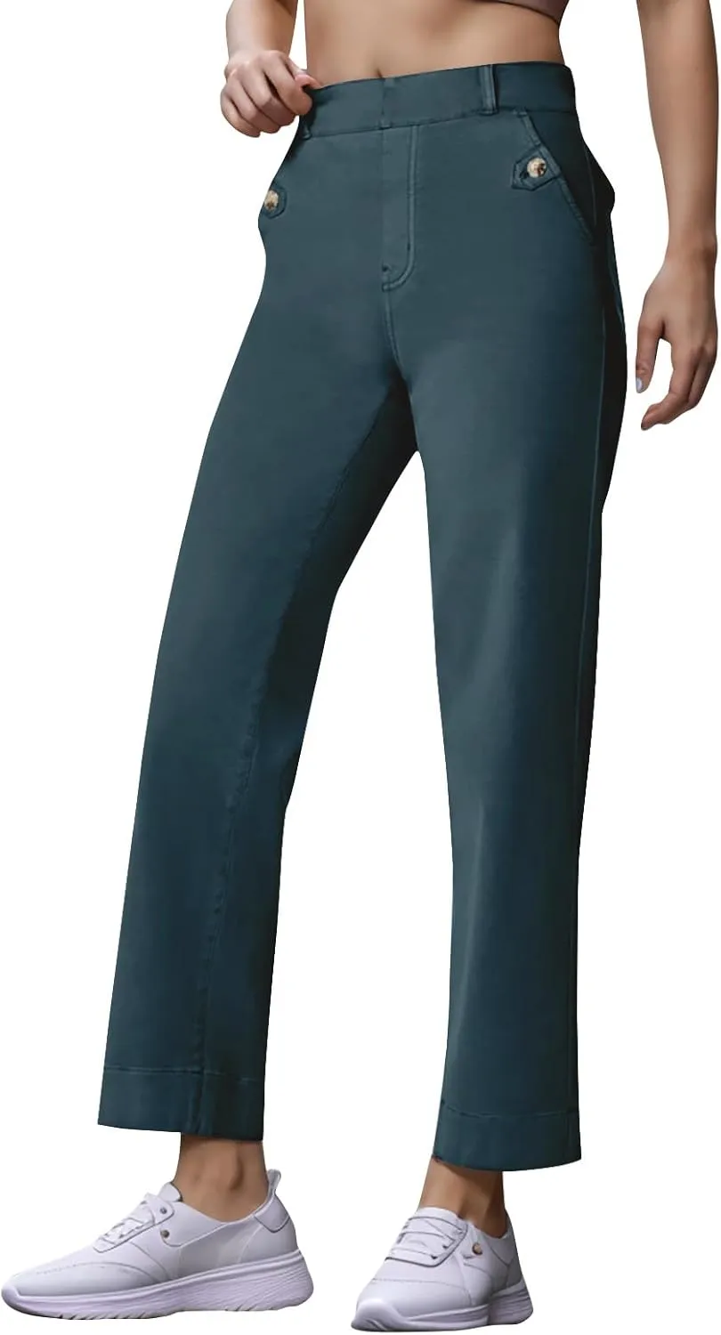 Women Stretch Twill Cropped Wide Leg Pant High Waist Casual Capri Pant Straight Leg Chino Pants Baggy Ankle Jeans