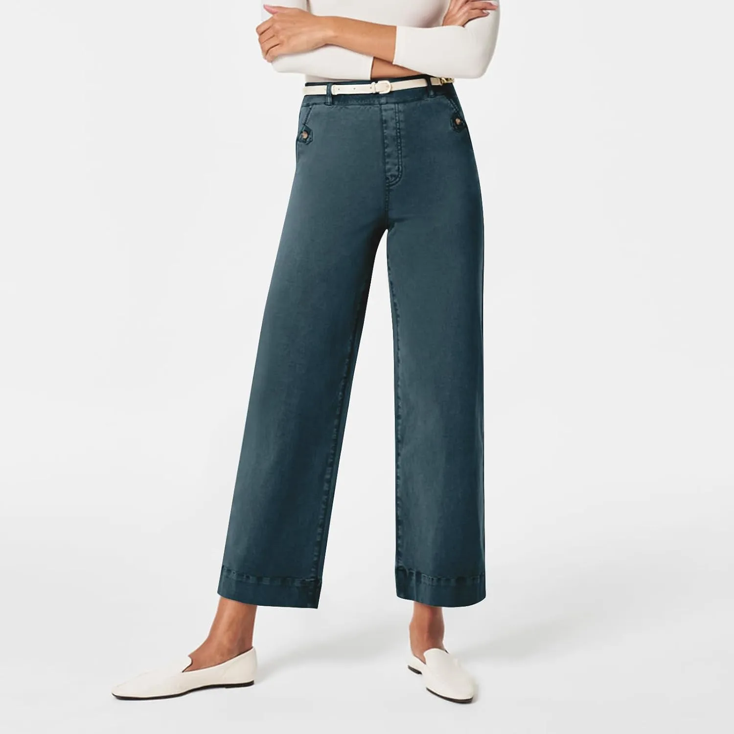 Women Stretch Twill Cropped Wide Leg Pant High Waist Casual Capri Pant Straight Leg Chino Pants Baggy Ankle Jeans
