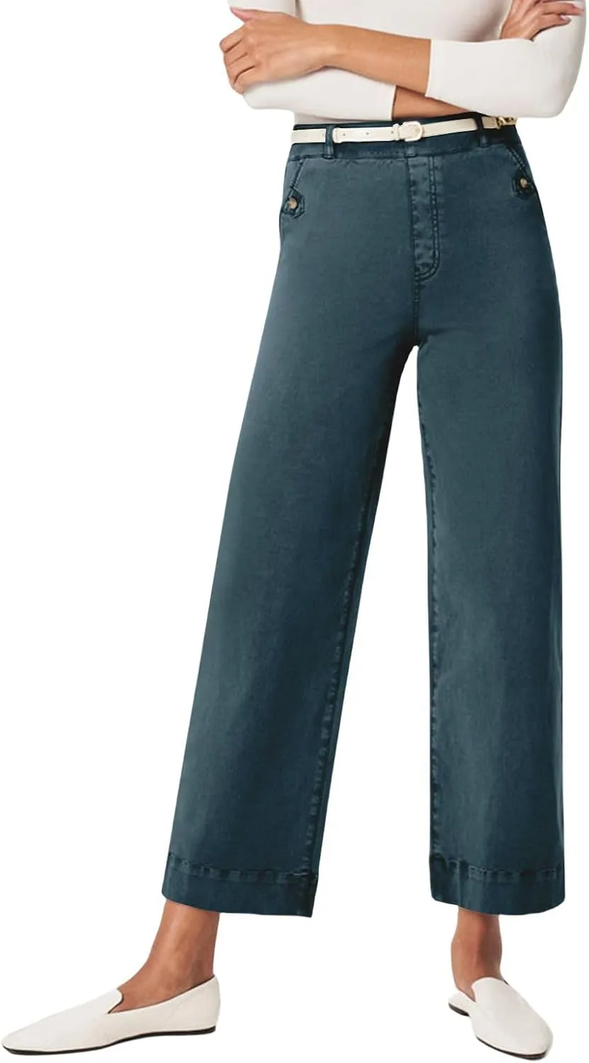 Women Stretch Twill Cropped Wide Leg Pant High Waist Casual Capri Pant Straight Leg Chino Pants Baggy Ankle Jeans