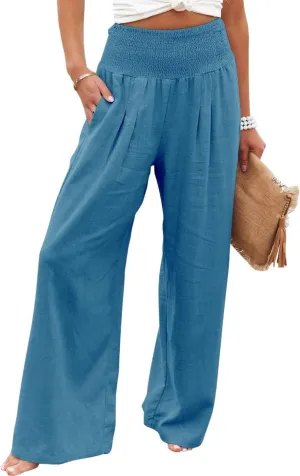 Women Summer High Waisted Cotton Linen Palazzo Pants Casual Boho Wide Leg 2025 Beach Lounge Trousers with Pocket