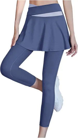 Women Workout Skirt Leggings Colorblock Tennis Skirted Legging Active Skort Athletic Ruffle Golf Skapri with