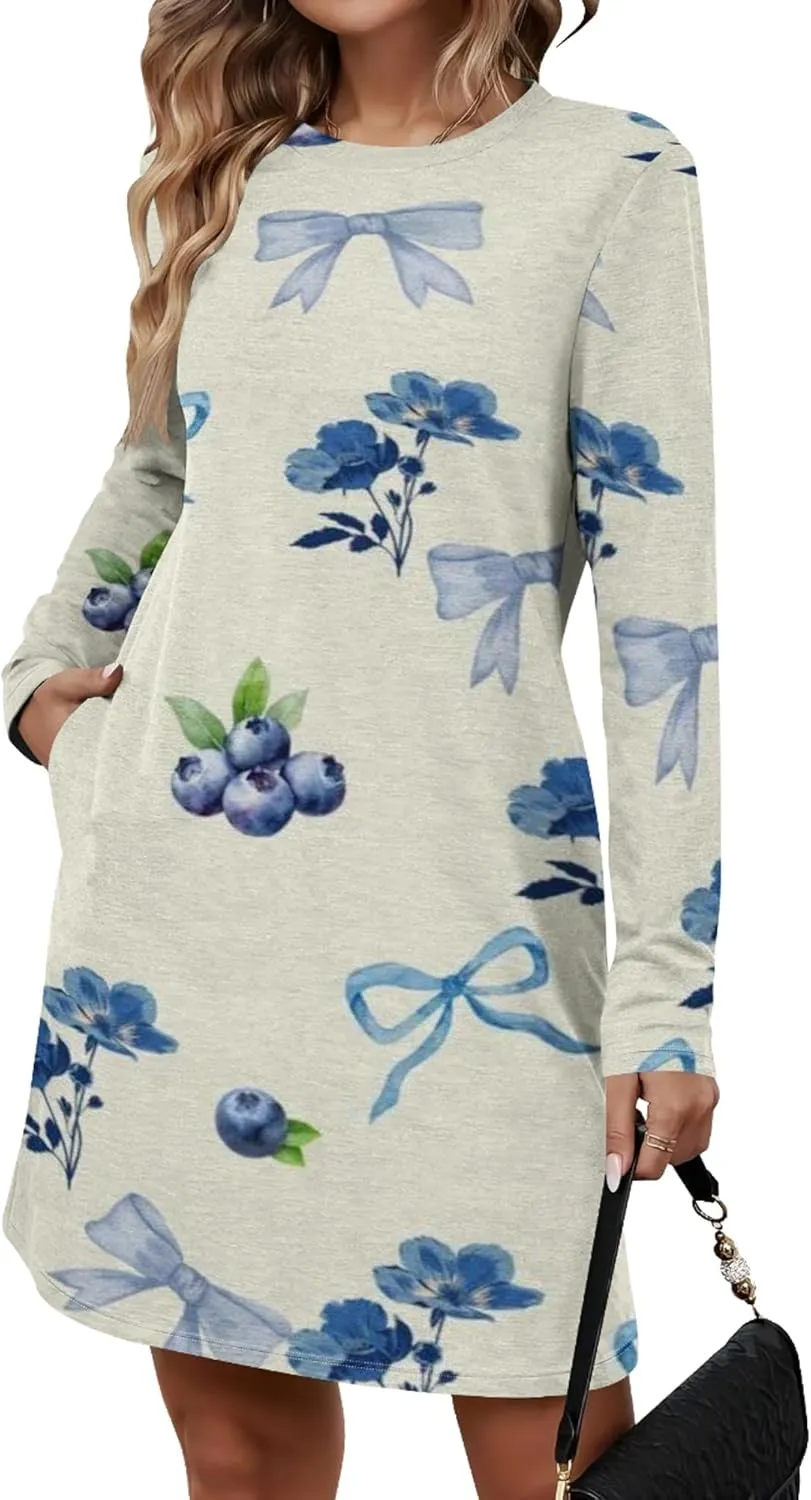 Womens 2024 Fall Long Sleeve Pullover Tops Crewneck Sweatshirt Dress Casual Floral Printed Midi Dresses with Pockets