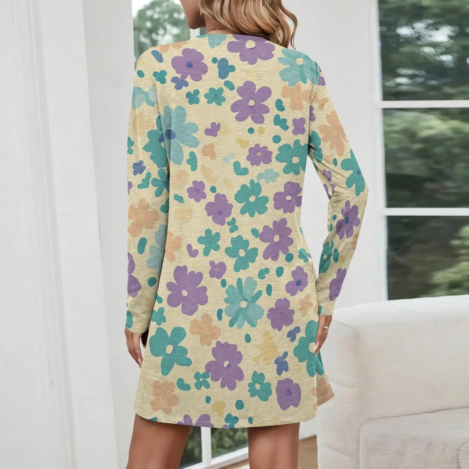 Womens 2024 Fall Long Sleeve Pullover Tops Crewneck Sweatshirt Dress Casual Floral Printed Midi Dresses with Pockets
