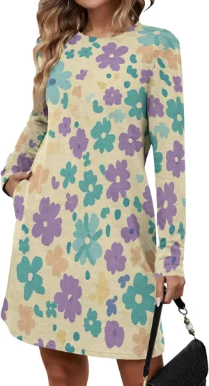 Womens 2024 Fall Long Sleeve Pullover Tops Crewneck Sweatshirt Dress Casual Floral Printed Midi Dresses with Pockets