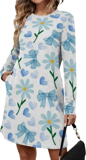 Womens 2024 Fall Long Sleeve Pullover Tops Crewneck Sweatshirt Dress Casual Floral Printed Midi Dresses with Pockets