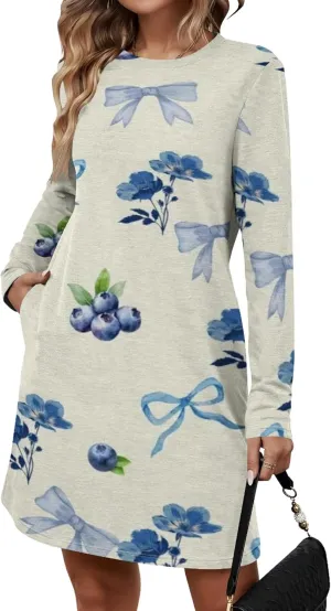 Womens 2024 Fall Long Sleeve Pullover Tops Crewneck Sweatshirt Dress Casual Floral Printed Midi Dresses with Pockets