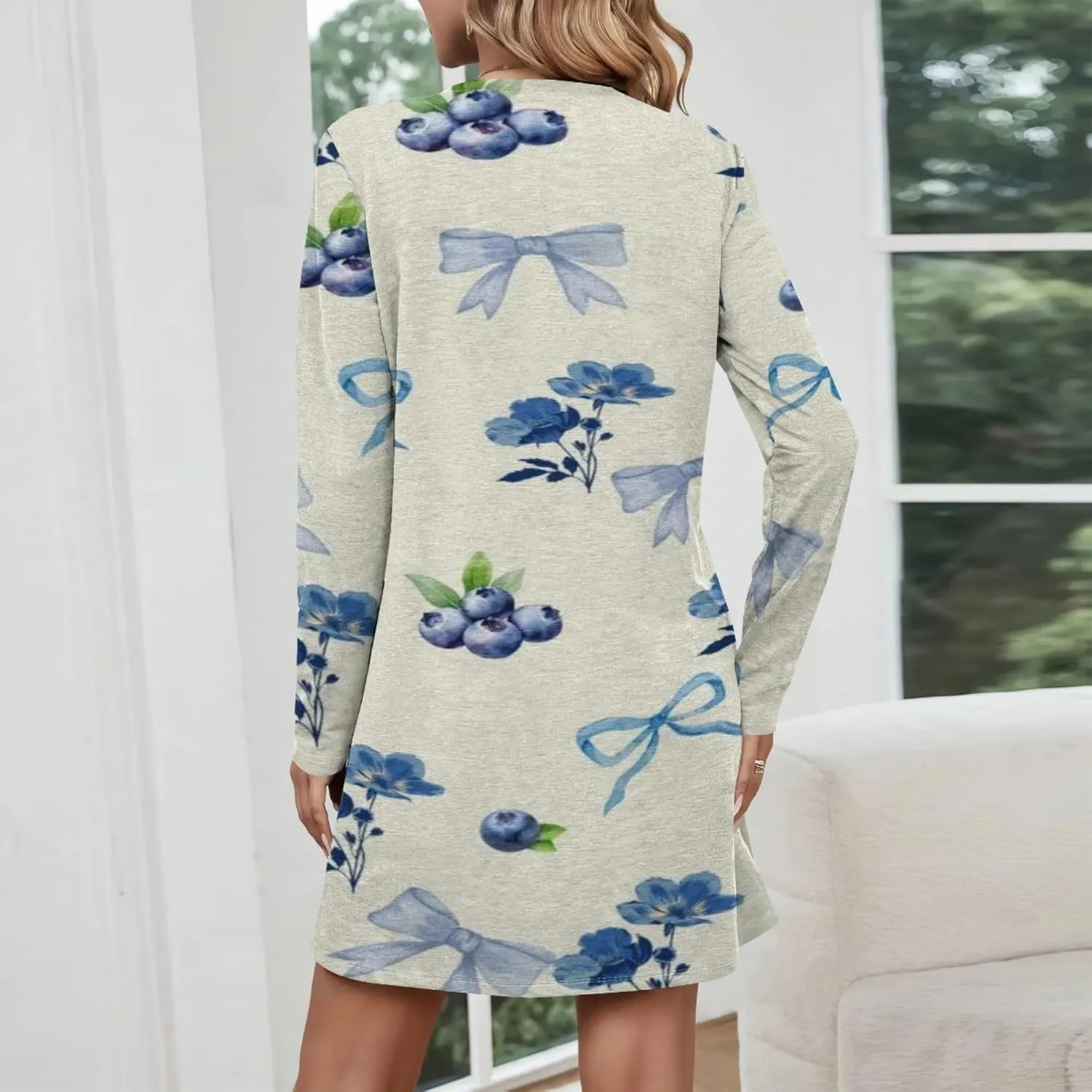 Womens 2024 Fall Long Sleeve Pullover Tops Crewneck Sweatshirt Dress Casual Floral Printed Midi Dresses with Pockets