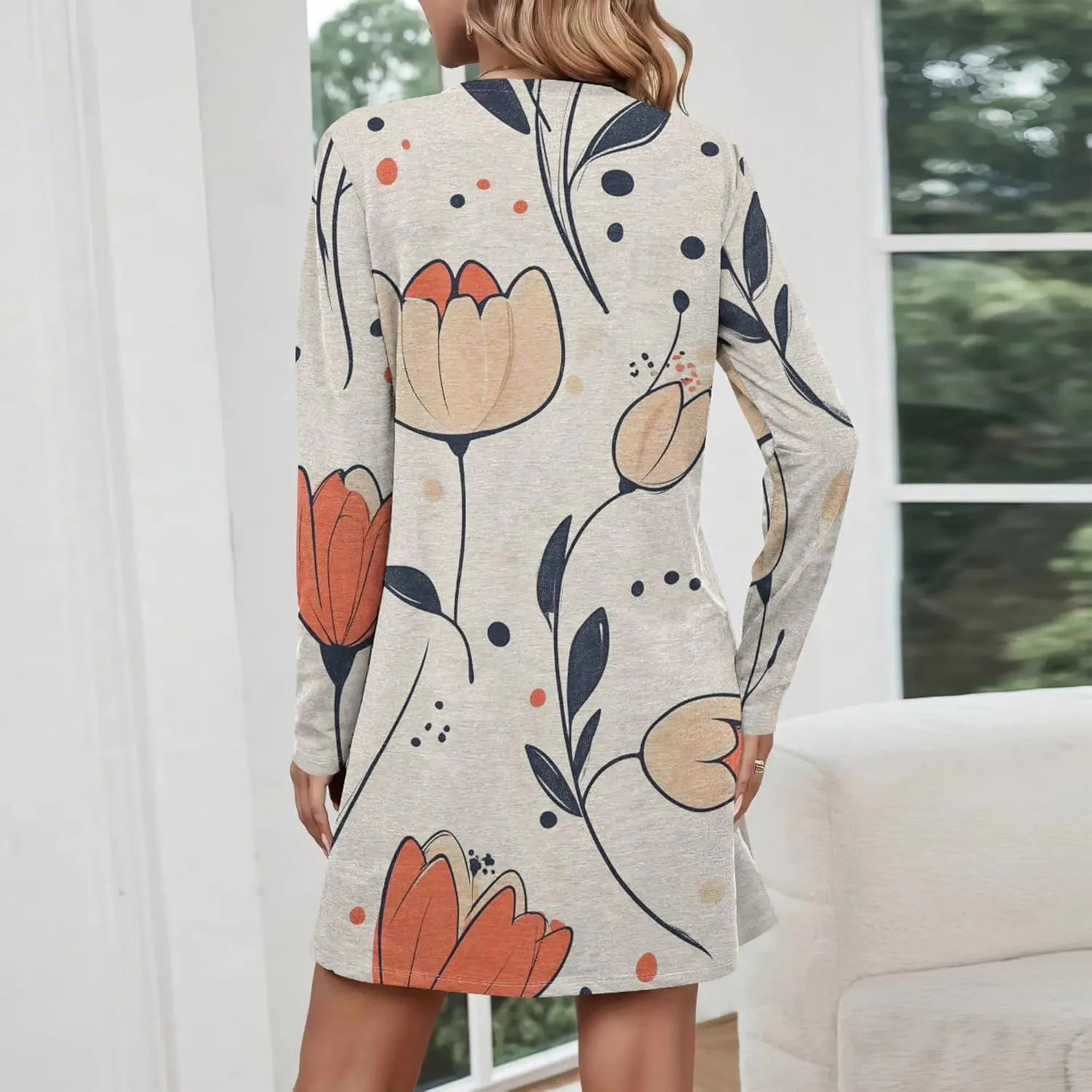 Womens 2024 Fall Long Sleeve Pullover Tops Crewneck Sweatshirt Dress Casual Floral Printed Mini Dresses with Pockets