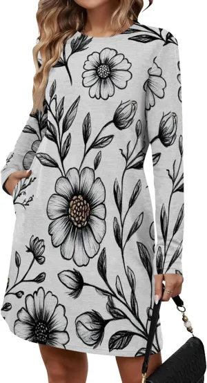 Womens 2024 Fall Long Sleeve Pullover Tops Crewneck Sweatshirt Dress Casual Floral Printed Mini Dresses with Pockets