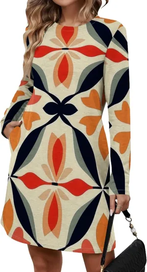 Womens 2024 Fall Long Sleeve Pullover Tops Crewneck Sweatshirt Dress Casual Floral Printed Mini Dresses with Pockets
