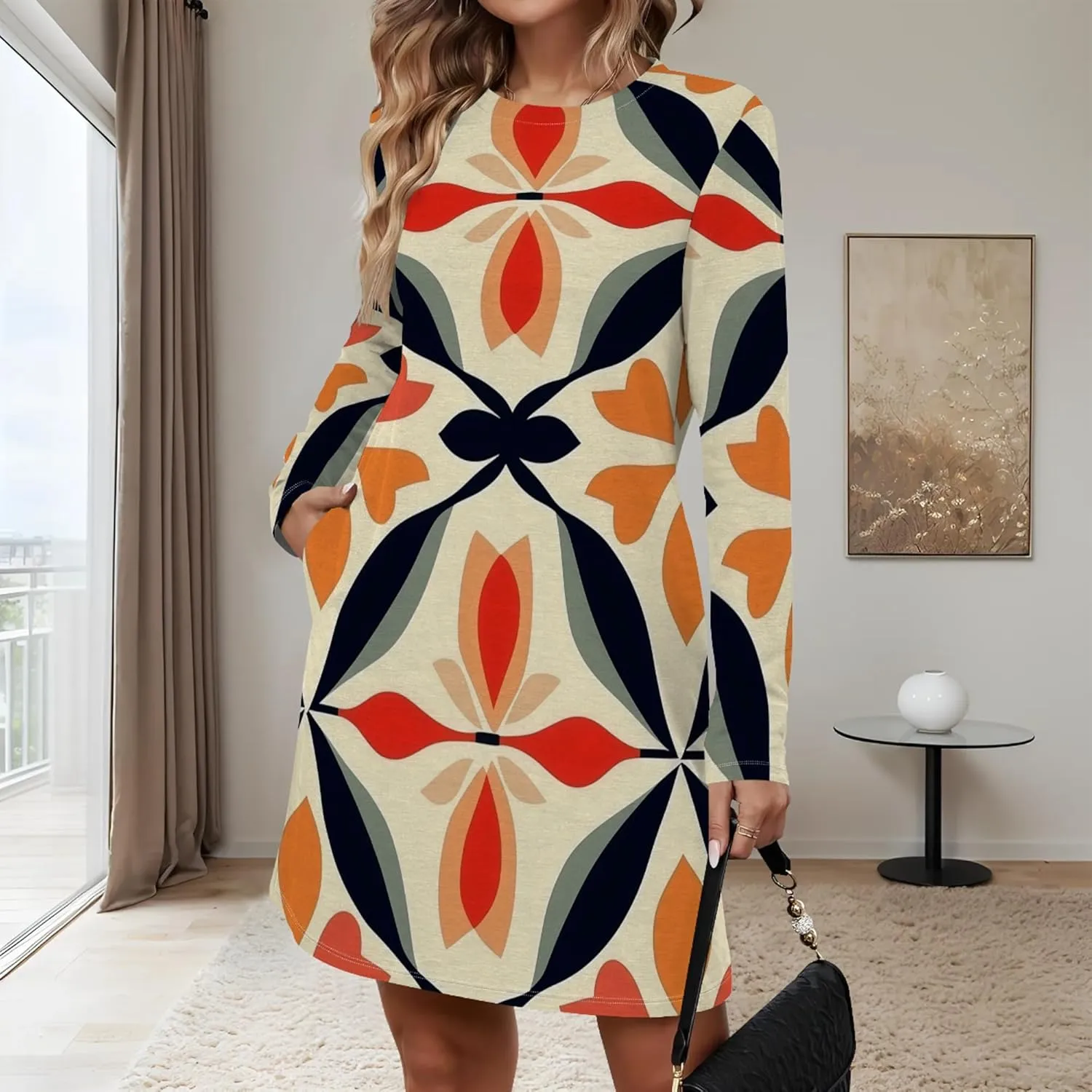 Womens 2024 Fall Long Sleeve Pullover Tops Crewneck Sweatshirt Dress Casual Floral Printed Mini Dresses with Pockets