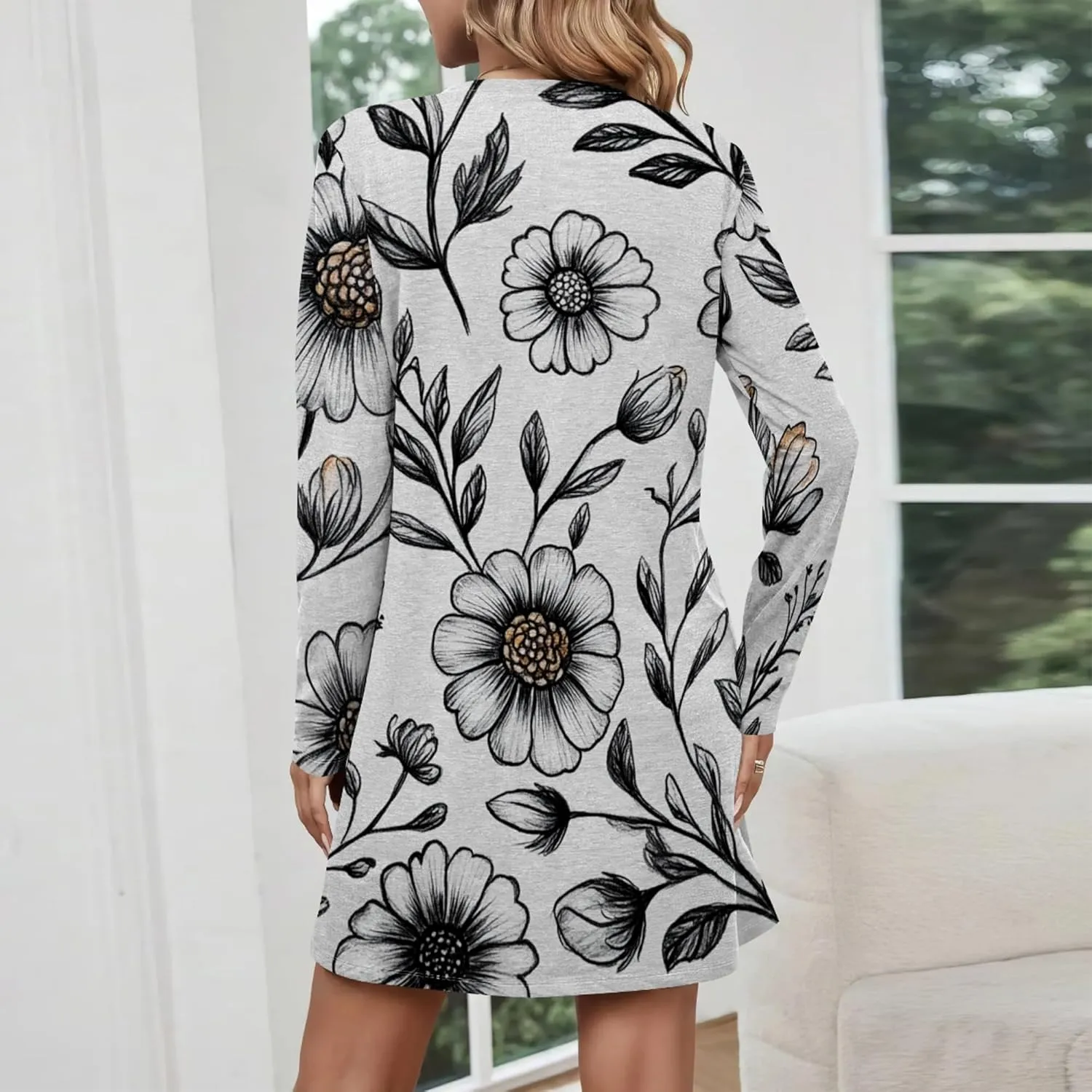 Womens 2024 Fall Long Sleeve Pullover Tops Crewneck Sweatshirt Dress Casual Floral Printed Mini Dresses with Pockets