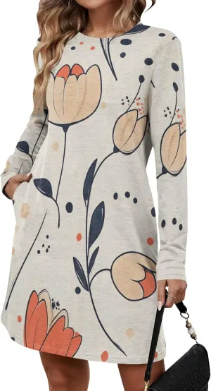 Womens 2024 Fall Long Sleeve Pullover Tops Crewneck Sweatshirt Dress Casual Floral Printed Mini Dresses with Pockets