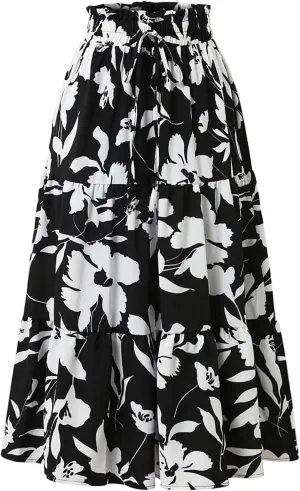 Women's 2025 Spring High Waist Floral Pleated A Line Boho Beach Casual Swing Long Skirts, S-XL