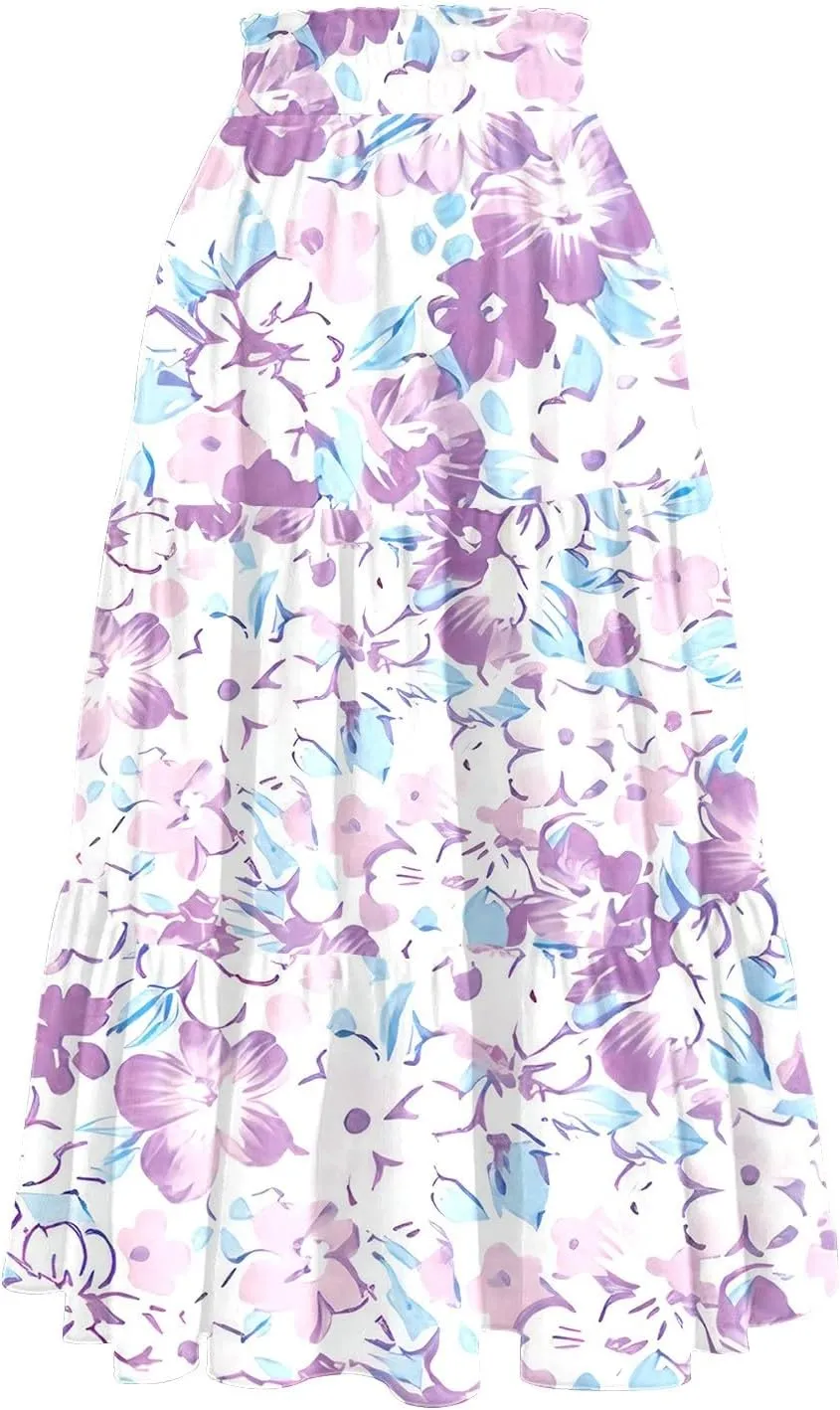 Women's 2025 Summer Skirt Stretch Waisted Floral Print Pleated Beach Flowy Midi Skirts with Pockets, S-2XL