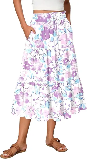 Women's 2025 Summer Skirt Stretch Waisted Floral Print Pleated Beach Flowy Midi Skirts with Pockets, S-2XL