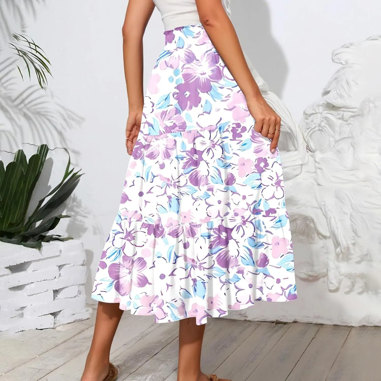 Women's 2025 Summer Skirt Stretch Waisted Floral Print Pleated Beach Flowy Midi Skirts with Pockets, S-2XL
