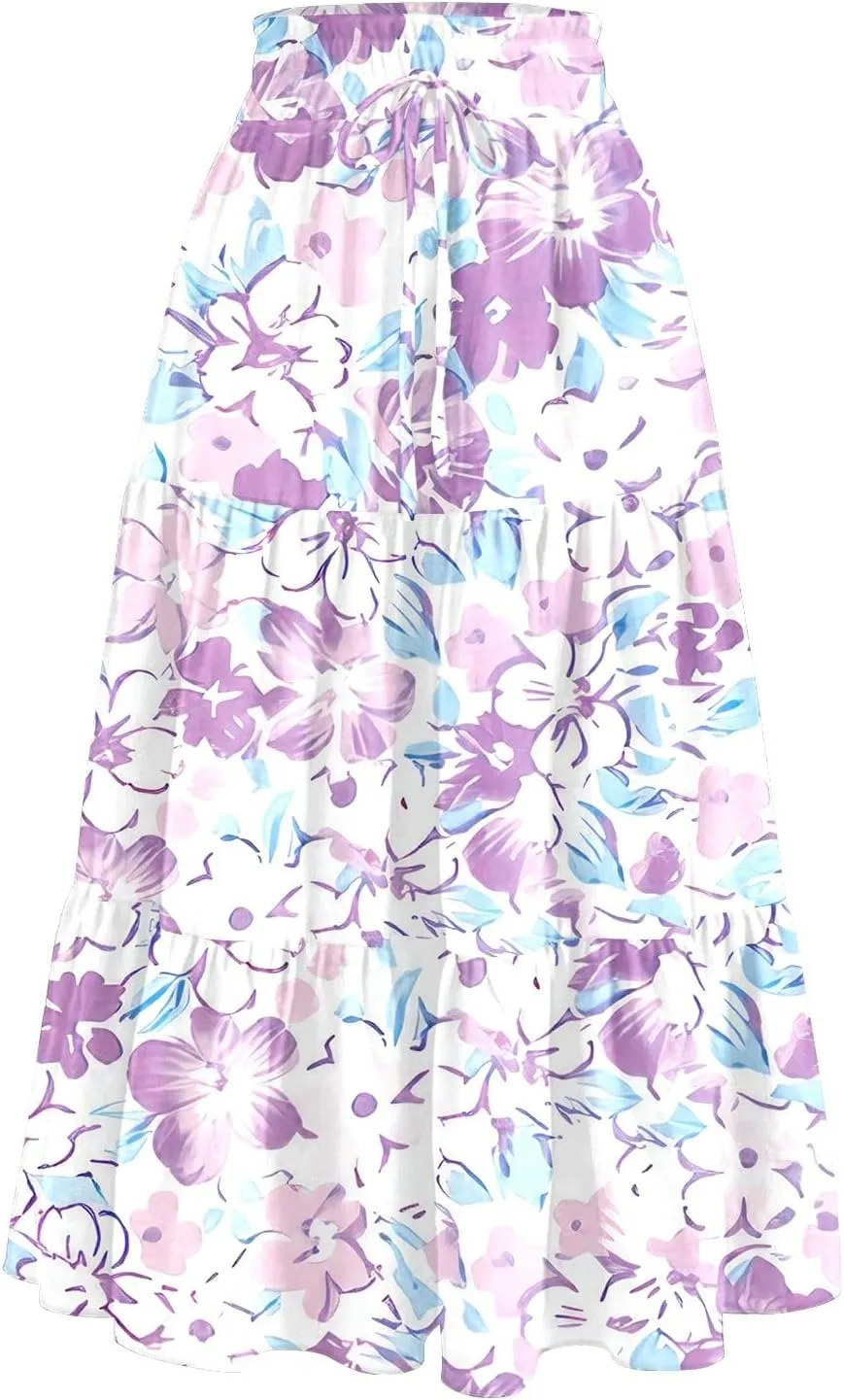 Women's 2025 Summer Skirt Stretch Waisted Floral Print Pleated Beach Flowy Midi Skirts with Pockets, S-2XL