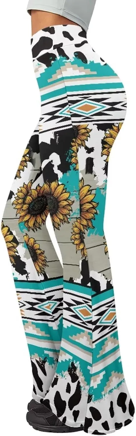 Women's 70S Yoga Pants Flare Ladies Hippie Flower Flared Leggings Athletic Leggings High Waisted Workout Pants