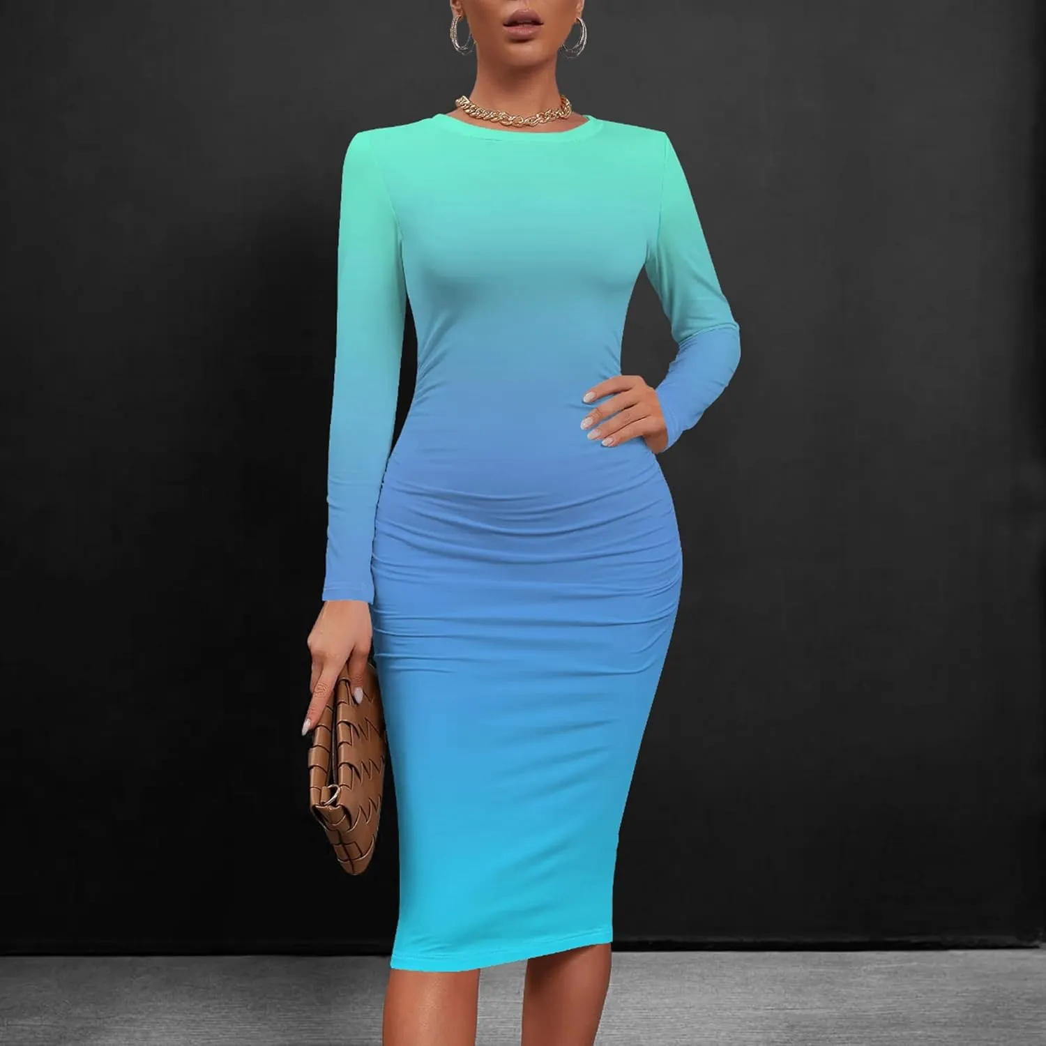 Women's Autumn Casual Basic Solid Color Long Sleeve Bodycon Sexy Turtleneck Midi Cocktail Club Party Pencil Dresses