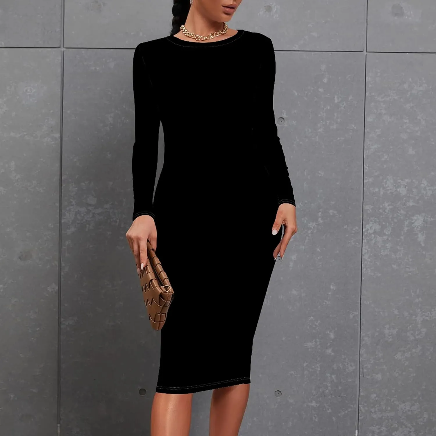 Women's Autumn Casual Basic Solid Color Long Sleeve Bodycon Sexy Turtleneck Midi Cocktail Club Party Pencil Dresses