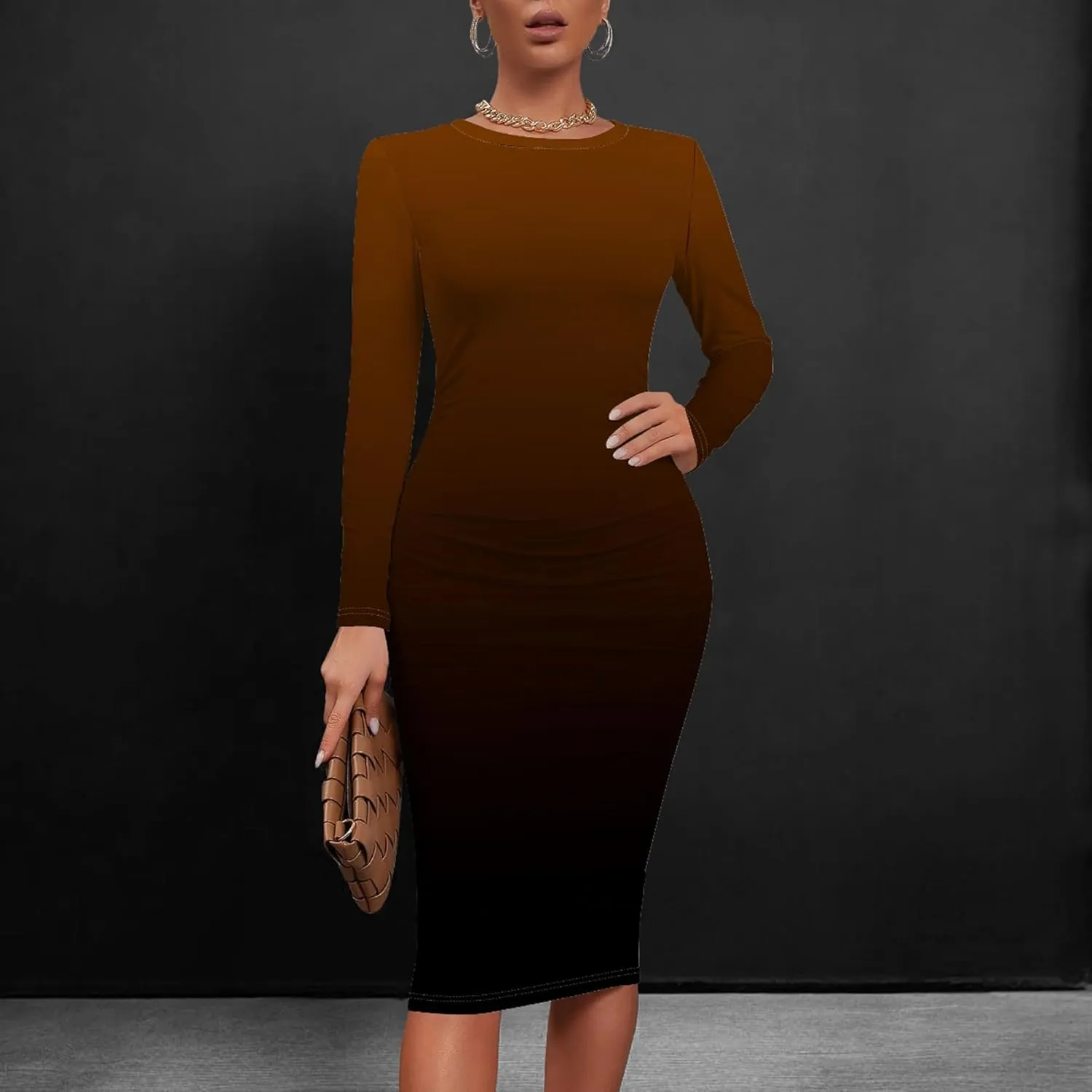 Women's Autumn Casual Basic Solid Color Long Sleeve Bodycon Sexy Turtleneck Midi Cocktail Club Party Pencil Dresses