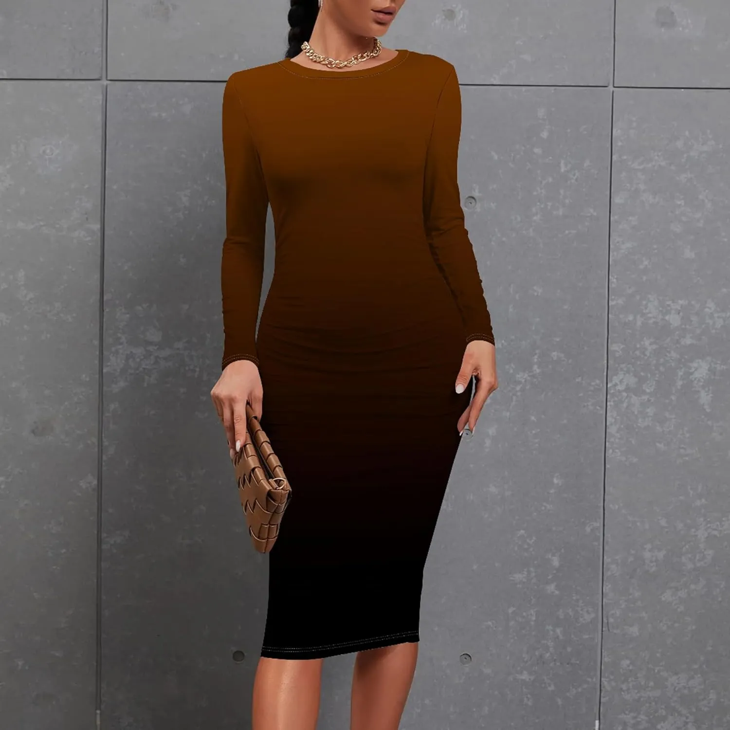 Women's Autumn Casual Basic Solid Color Long Sleeve Bodycon Sexy Turtleneck Midi Cocktail Club Party Pencil Dresses