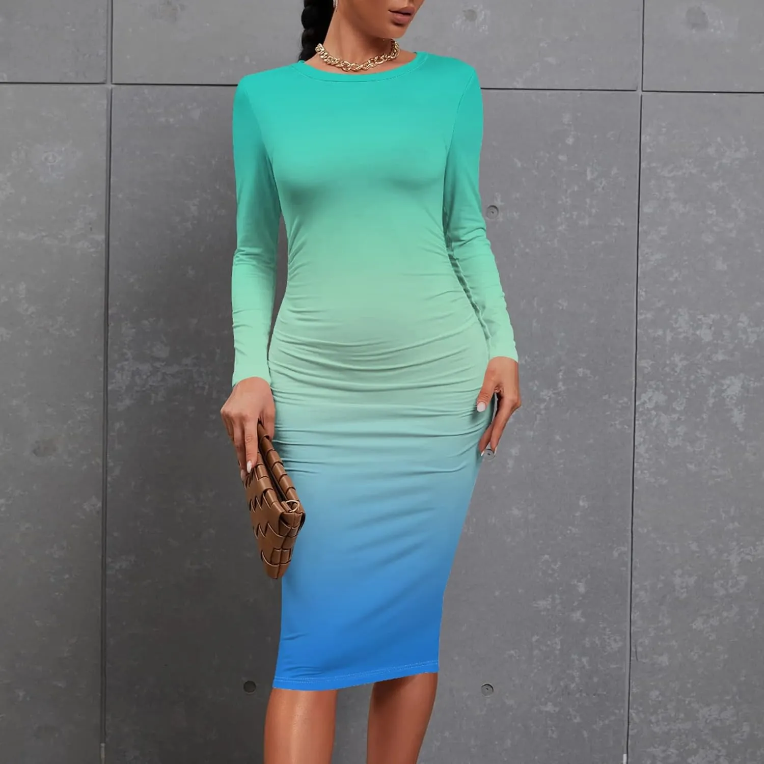 Women's Autumn Casual Basic Solid Color Long Sleeve Bodycon Sexy Turtleneck Midi Cocktail Club Party Pencil Dresses