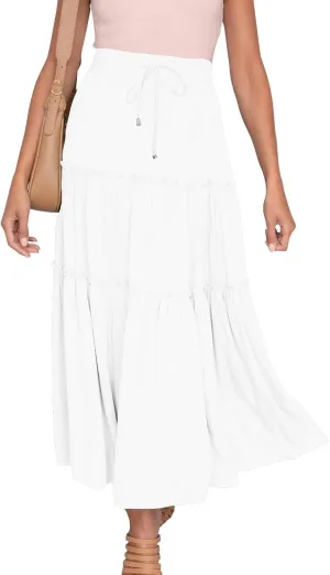 Women's Boho Long Skirts Summer Casual Ruffle Tiered Swing Beach Dress Drawstring Elastic Waist A-Line Maxi Skirt