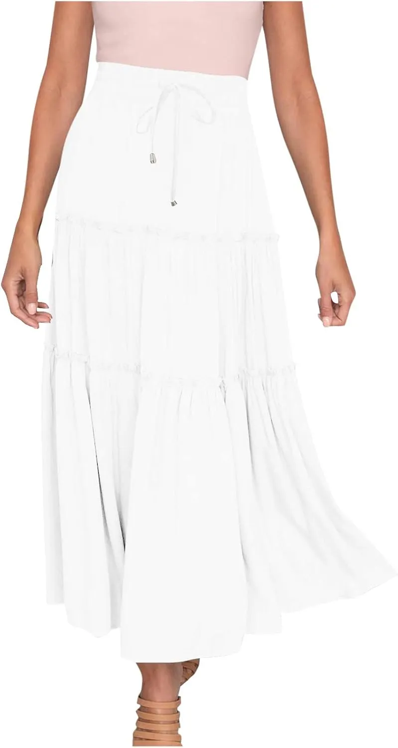 Women's Boho Long Skirts Summer Casual Ruffle Tiered Swing Beach Dress Drawstring Elastic Waist A-Line Maxi Skirt