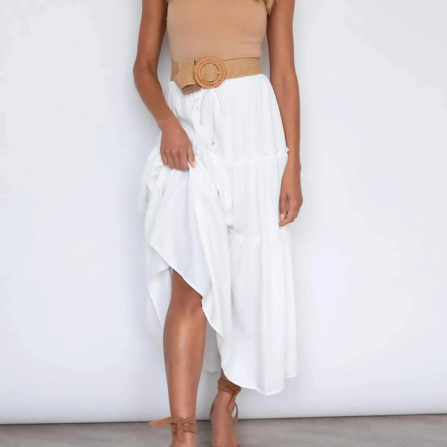 Women's Boho Long Skirts Summer Casual Ruffle Tiered Swing Beach Dress Drawstring Elastic Waist A-Line Maxi Skirt