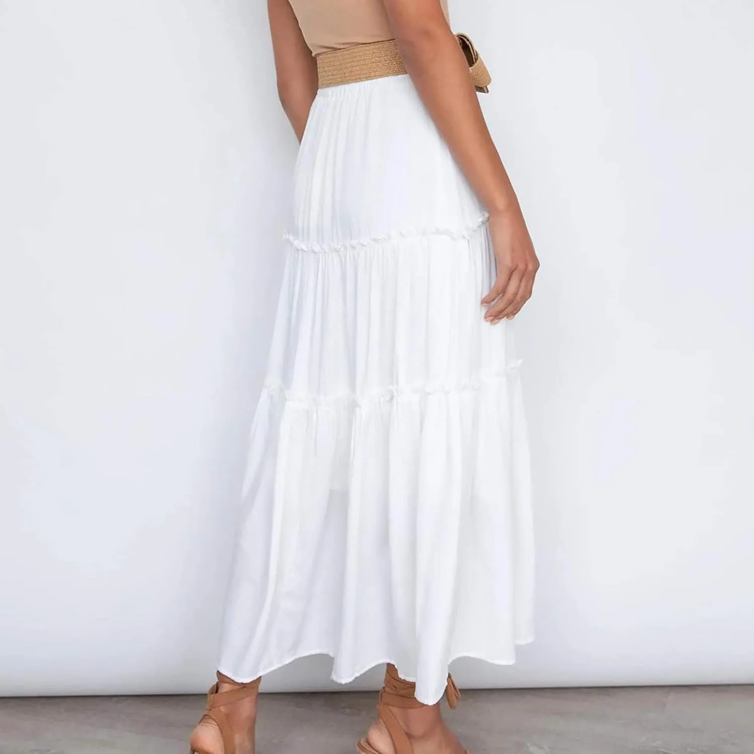 Women's Boho Long Skirts Summer Casual Ruffle Tiered Swing Beach Dress Drawstring Elastic Waist A-Line Maxi Skirt