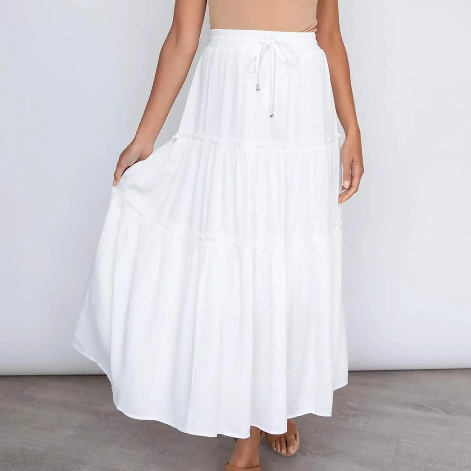 Women's Boho Long Skirts Summer Casual Ruffle Tiered Swing Beach Dress Drawstring Elastic Waist A-Line Maxi Skirt