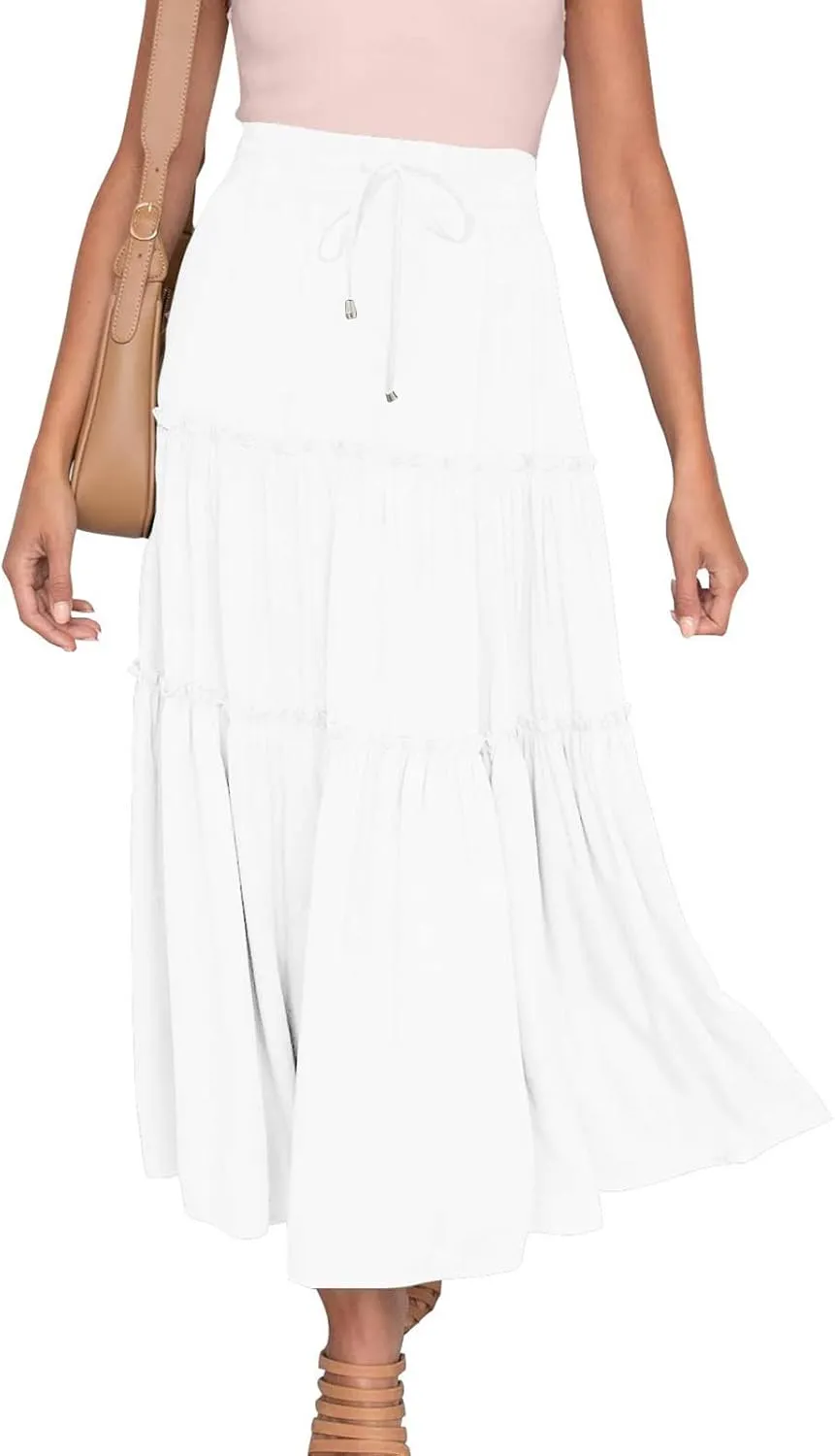 Women's Boho Long Skirts Summer Casual Ruffle Tiered Swing Beach Dress Drawstring Elastic Waist A-Line Maxi Skirt