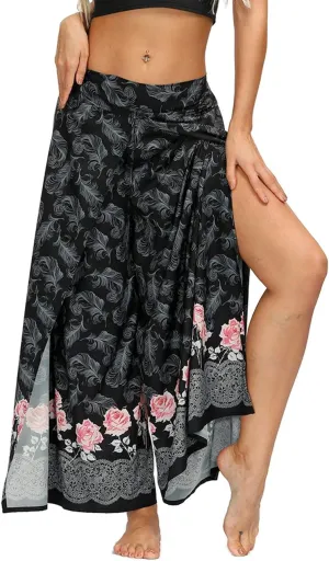 Women's Boho Palazzo Slit Wide Leg Yoga Pants Summer Beach Bohemian Hippie Pants